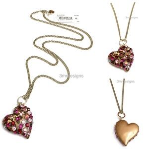 NWT Betsey Johnson💋LUCITE HEART Antique Gold Tone Colored Crystals Long Necklace